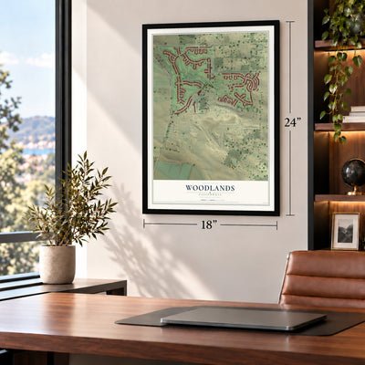 Woodlands, California map, 18 x 24 inch print in a black frame in a home office