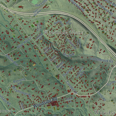 Close-up of the map of Woodside, California print showing street and building detail