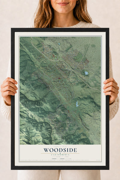 Map of Woodside, California, 18 x 24 inch print in a black wood frame