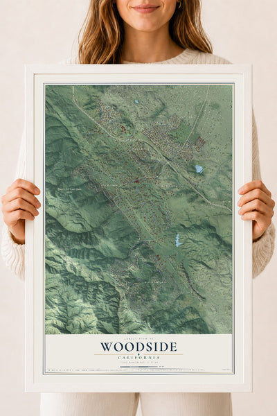 Map of Woodside, California, 18 x 24 inch print in a white wood frame