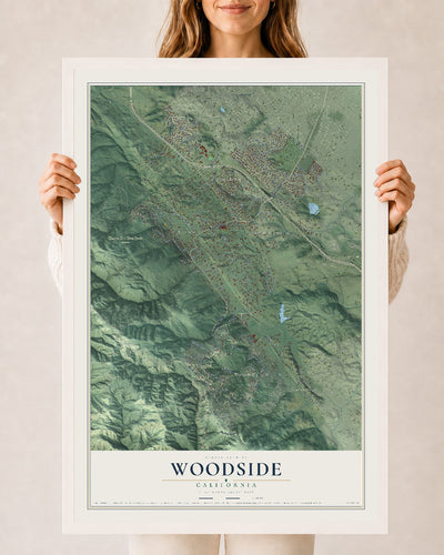 Map of Woodside, California, 24 x 36 inch print in a white wood frame