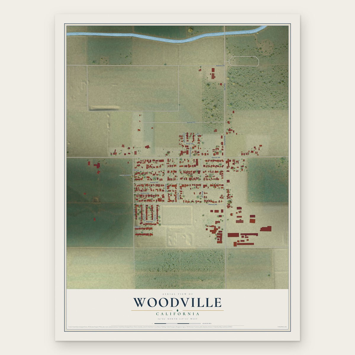 Woodville, California map print, the full design