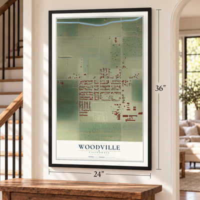 Woodville, California map, 24 x 36 inch print in a black frame by a staircase