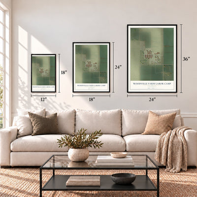 Woodville Farm Labor Camp, California map in 12 x 18, 18 x 24 and 24 x 36 inch sizes above a sofa