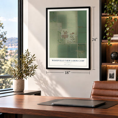 Woodville Farm Labor Camp, California map, 18 x 24 inch print in a black frame in a home office