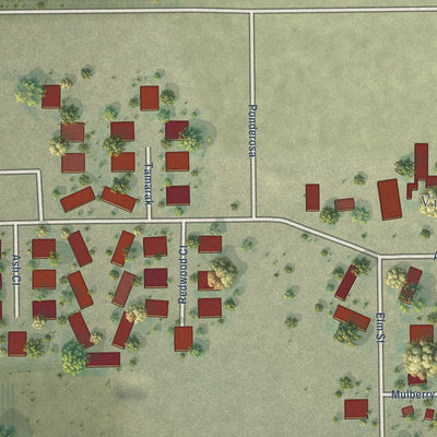 Close-up of the map of Woodville Farm Labor Camp, California print showing street and building detail