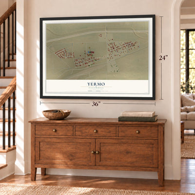 Yermo, California map, 24 x 36 inch print in a black frame above a dresser by a staircase