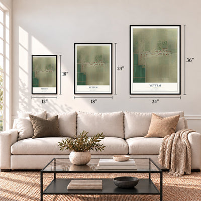 Yettem, California map in 12 x 18, 18 x 24 and 24 x 36 inch sizes above a sofa