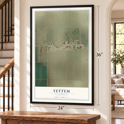 Yettem, California map, 24 x 36 inch print in a black frame by a staircase