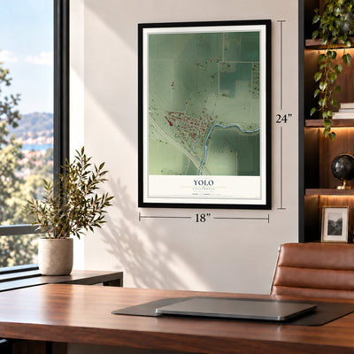 Yolo, California map, 18 x 24 inch print in a black frame in a home office