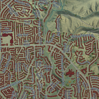 Second close-up of the map of Yorba Linda, California print showing more streets and buildings