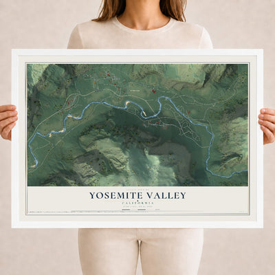 Map of Yosemite Valley, California, 18 x 24 inch print in a white wood frame
