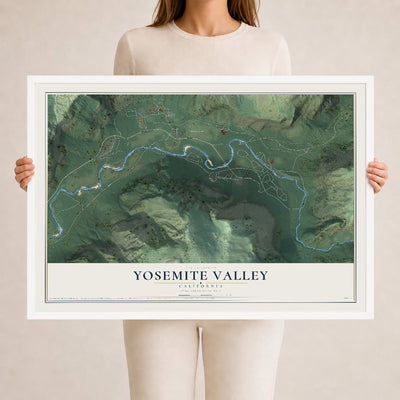 Map of Yosemite Valley, California, 24 x 36 inch print in a white wood frame