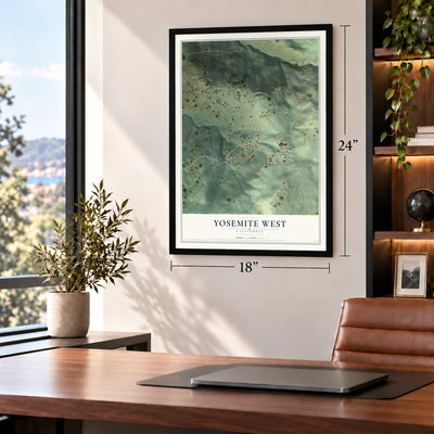 Yosemite West, California map, 18 x 24 inch print in a black frame in a home office