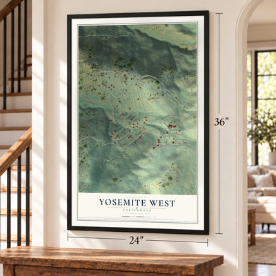 Yosemite West, California map, 24 x 36 inch print in a black frame by a staircase
