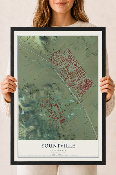 Map of Yountville, California, 18 x 24 inch print in a black wood frame