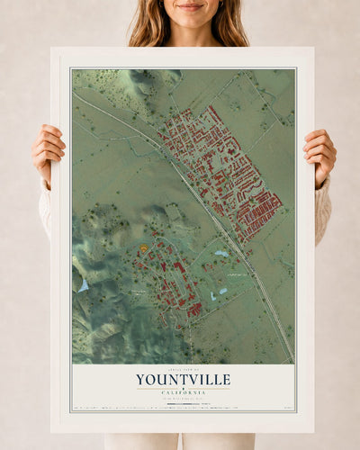 Map of Yountville, California, 24 x 36 inch print in a white wood frame