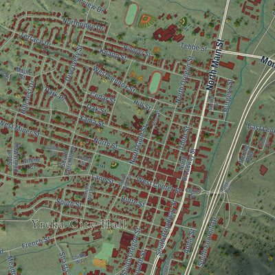 Close-up of the map of Yreka, California print showing street and building detail
