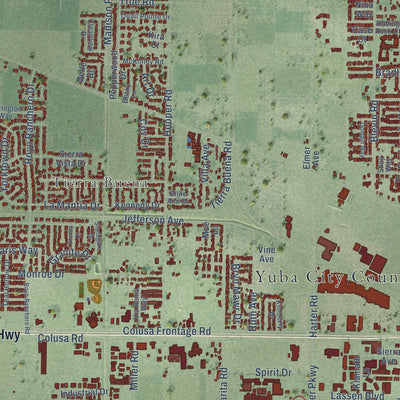 Second close-up of the map of Yuba City, California print showing more streets and buildings