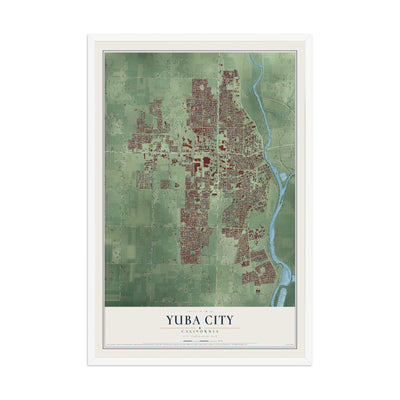 Map of Yuba City, California, 12 x 18 inch print in a white wood frame