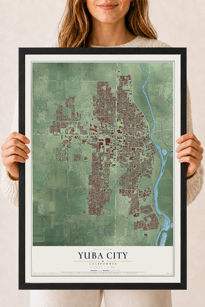 Map of Yuba City, California, 18 x 24 inch print in a black wood frame