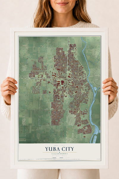 Map of Yuba City, California, 18 x 24 inch print in a white wood frame