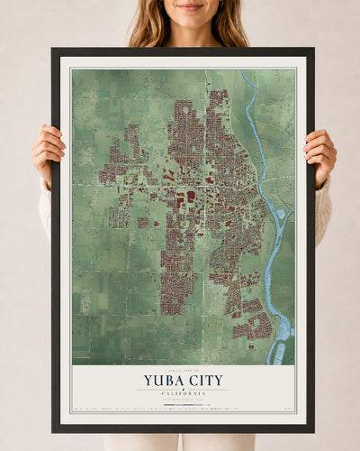 Map of Yuba City, California, 24 x 36 inch print in a black wood frame