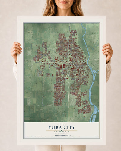 Map of Yuba City, California, 24 x 36 inch print in a white wood frame