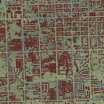 Close-up of the map of Yucaipa, California print showing street and building detail