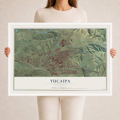 Map of Yucaipa, California, 24 x 36 inch print in a white wood frame
