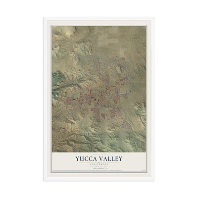 Map of Yucca Valley, California, 12 x 18 inch print in a white wood frame