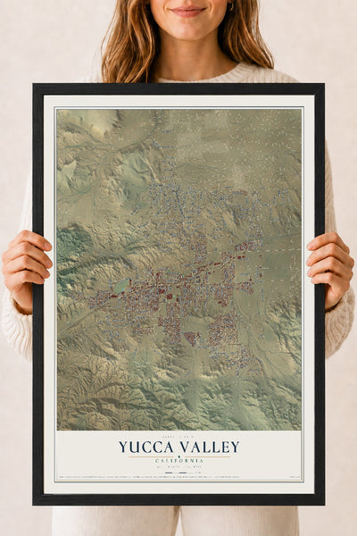 Map of Yucca Valley, California, 18 x 24 inch print in a black wood frame