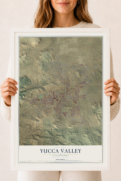 Map of Yucca Valley, California, 18 x 24 inch print in a white wood frame