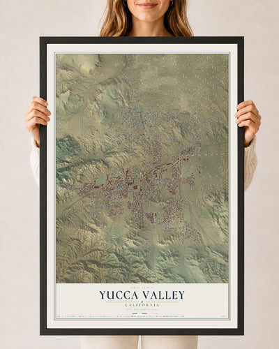 Map of Yucca Valley, California, 24 x 36 inch print in a black wood frame