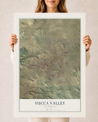Map of Yucca Valley, California, 24 x 36 inch print in a white wood frame