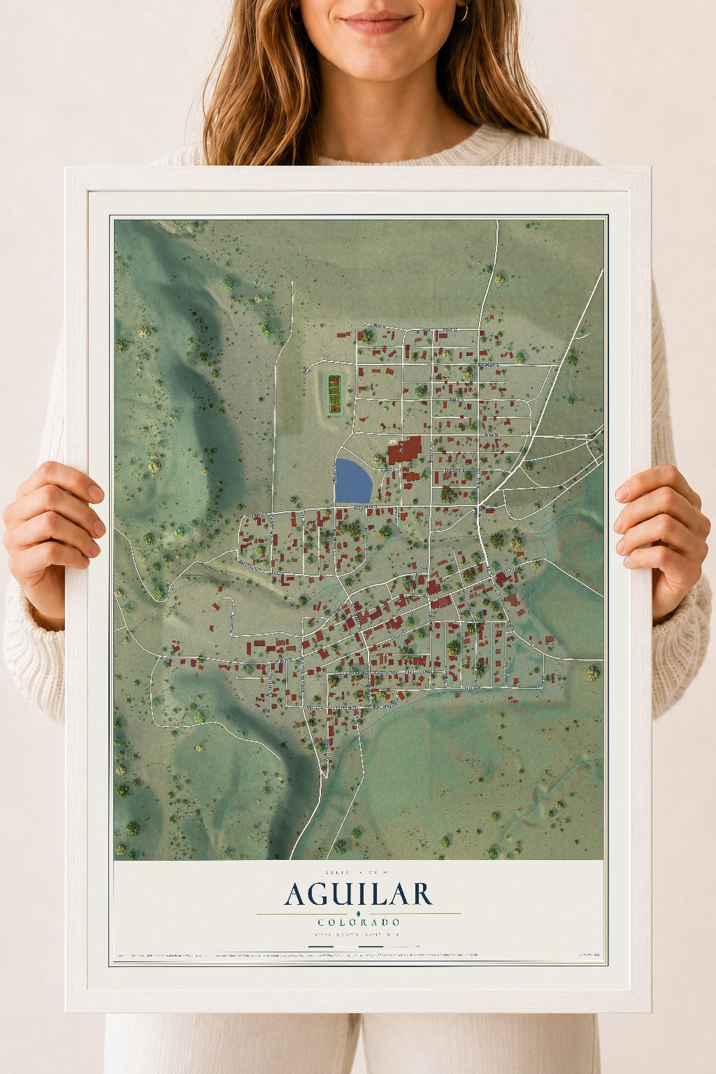 Map of Aguilar, Colorado, 18 x 24 inch print in a white wood frame