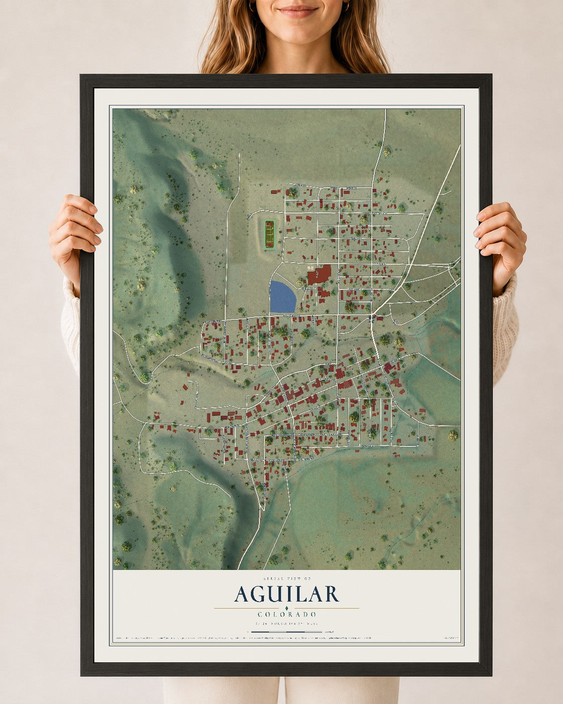 Map of Aguilar, Colorado, 24 x 36 inch print in a black wood frame