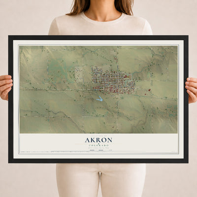 Map of Akron, Colorado, 18 x 24 inch print in a black wood frame