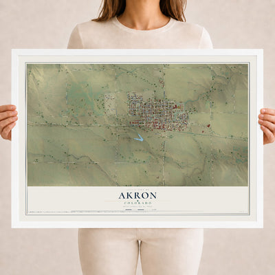 Map of Akron, Colorado, 18 x 24 inch print in a white wood frame