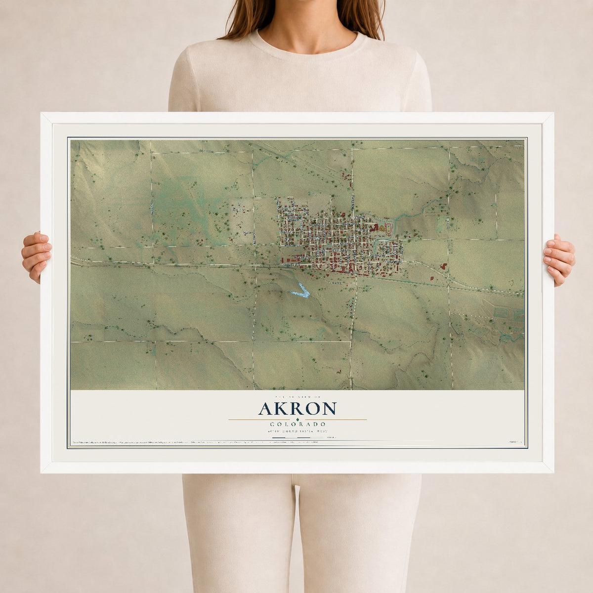 Map of Akron, Colorado, 24 x 36 inch print in a white wood frame