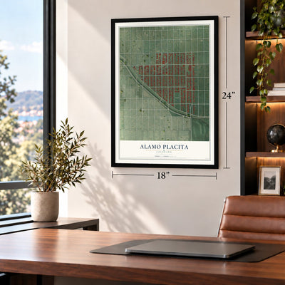 Alamo Placita, Colorado map, 18 x 24 inch print in a black frame in a home office