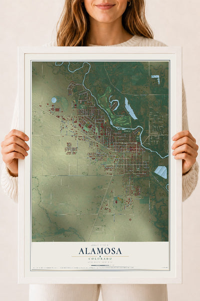 Map of Alamosa, Colorado, 18 x 24 inch print in a white wood frame