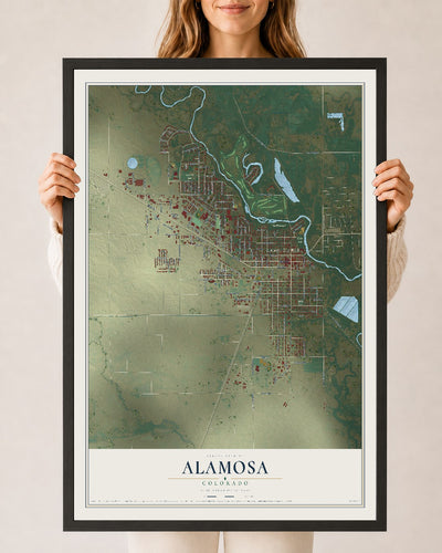 Map of Alamosa, Colorado, 24 x 36 inch print in a black wood frame
