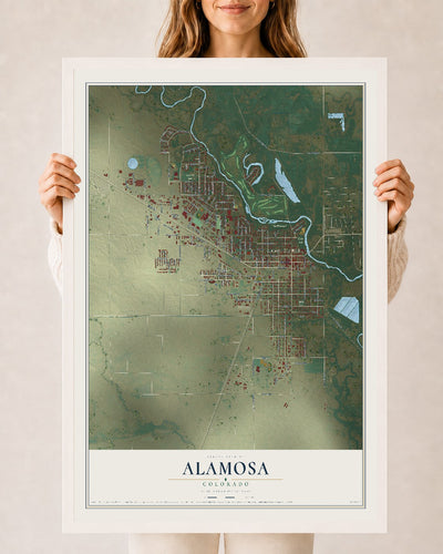 Map of Alamosa, Colorado, 24 x 36 inch print in a white wood frame