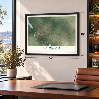 Alamosa East, Colorado map, 18 x 24 inch print in a black frame in a home office
