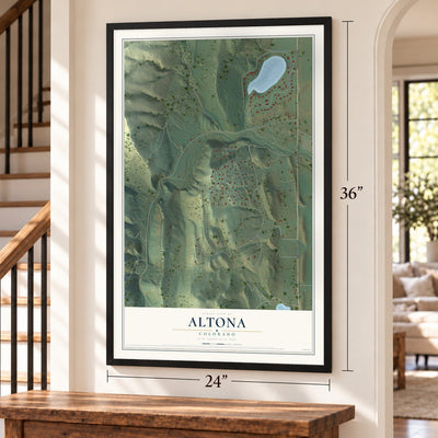 Altona, Colorado map, 24 x 36 inch print in a black frame by a staircase