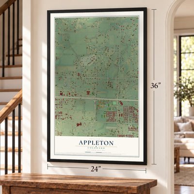Appleton, Colorado map, 24 x 36 inch print in a black frame by a staircase