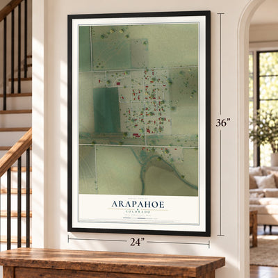 Arapahoe, Colorado map, 24 x 36 inch print in a black frame by a staircase