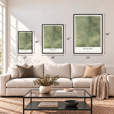 Arickaree, Colorado map in 12 x 18, 18 x 24 and 24 x 36 inch sizes above a sofa
