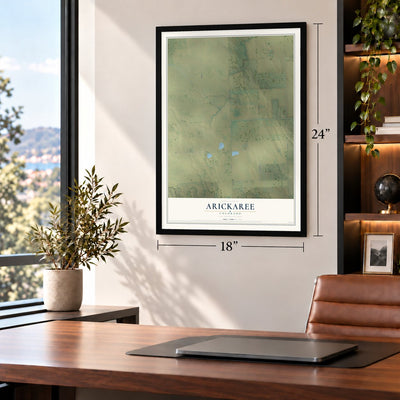 Arickaree, Colorado map, 18 x 24 inch print in a black frame in a home office